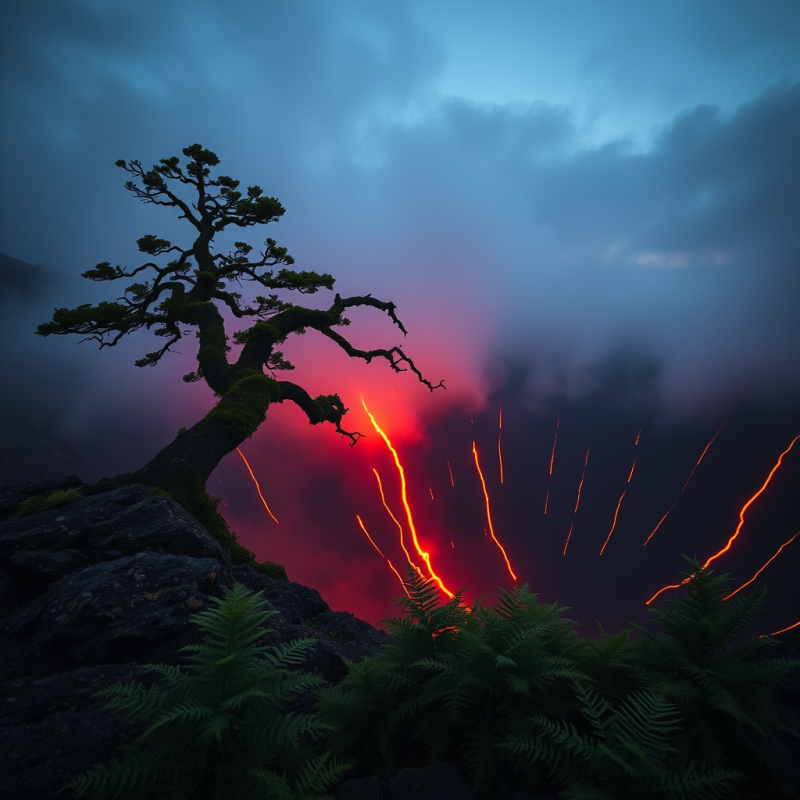 Silhouetted Tree Over Volcanic Lava Flow