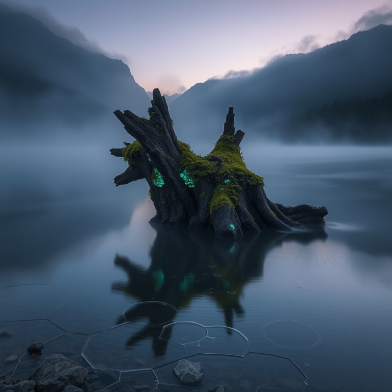 Mossy Tree Root in Misty Lake