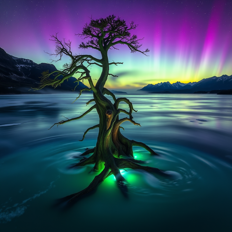 Glowing Tree in Aurora Lake