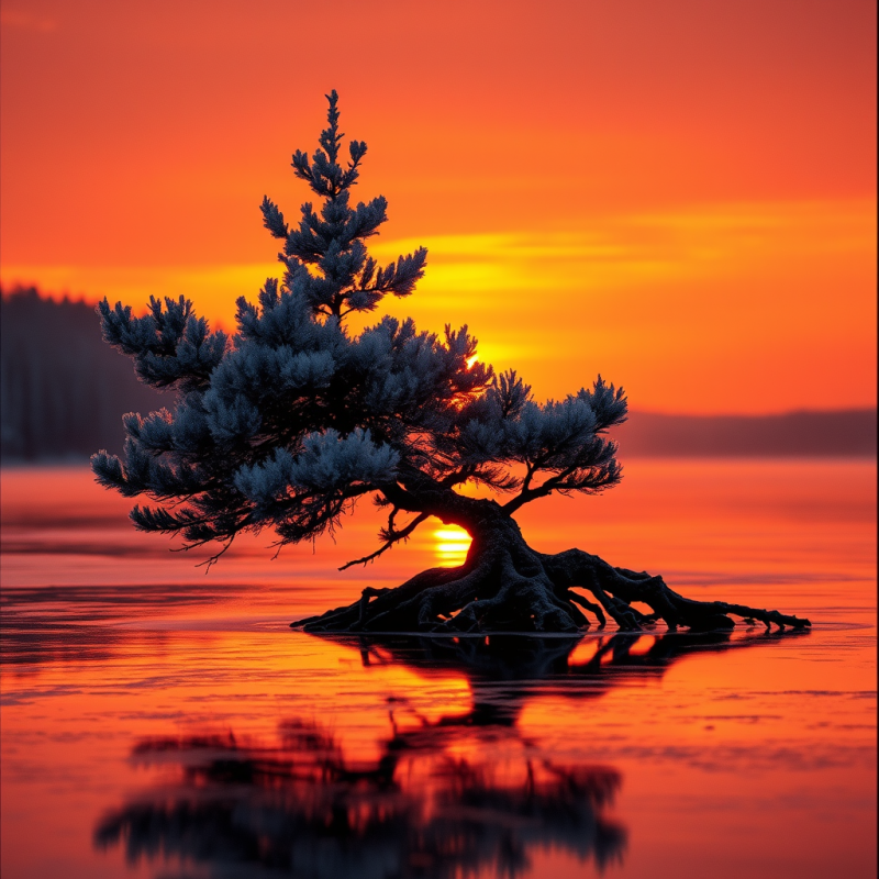 Autumn Sunset with Pine Tree