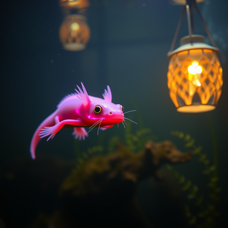 Pink Axolotl Swimming Near Lantern