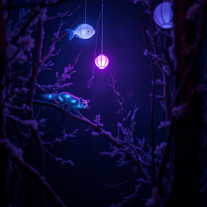 Glowing Fox on Branch with Hanging Lanterns