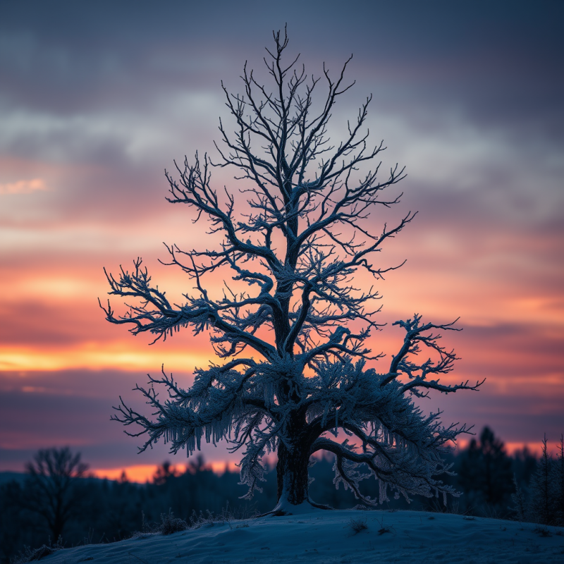 Frost-coated Tree at Winter Sunset