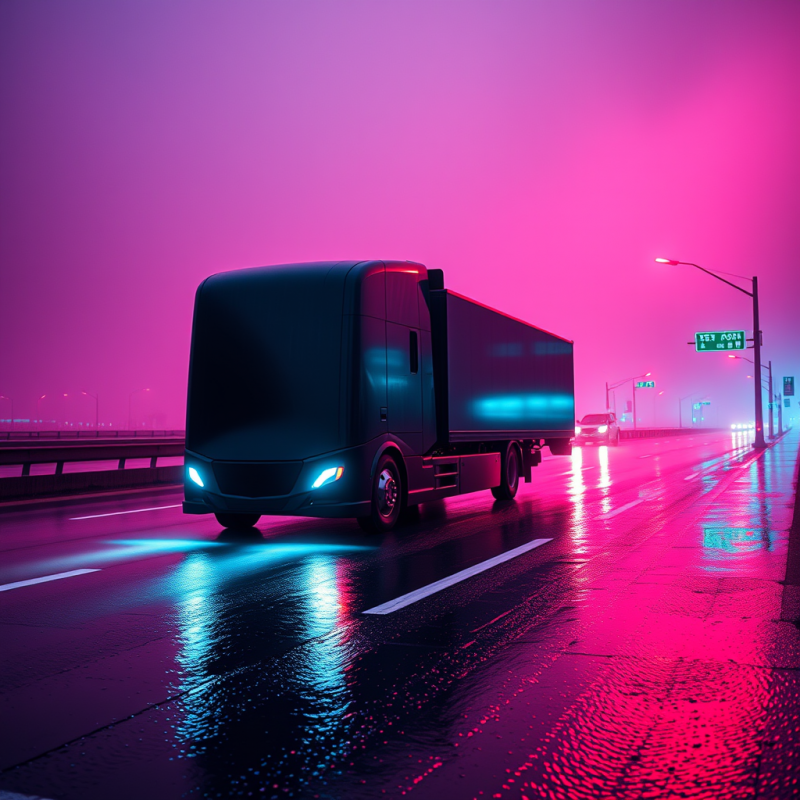 Futuristic Truck on Neon-rainy Highway