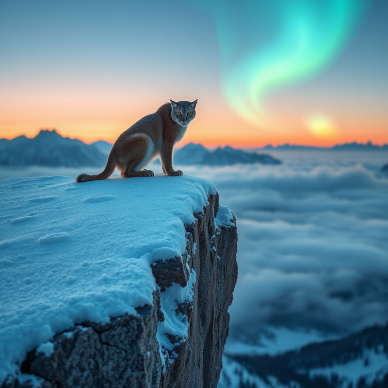 Snowy Mountain Cat at Dawn