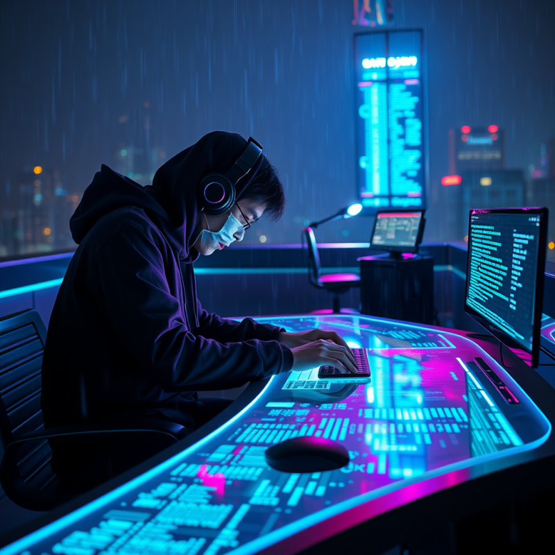 Coder Working in Neon Rain
