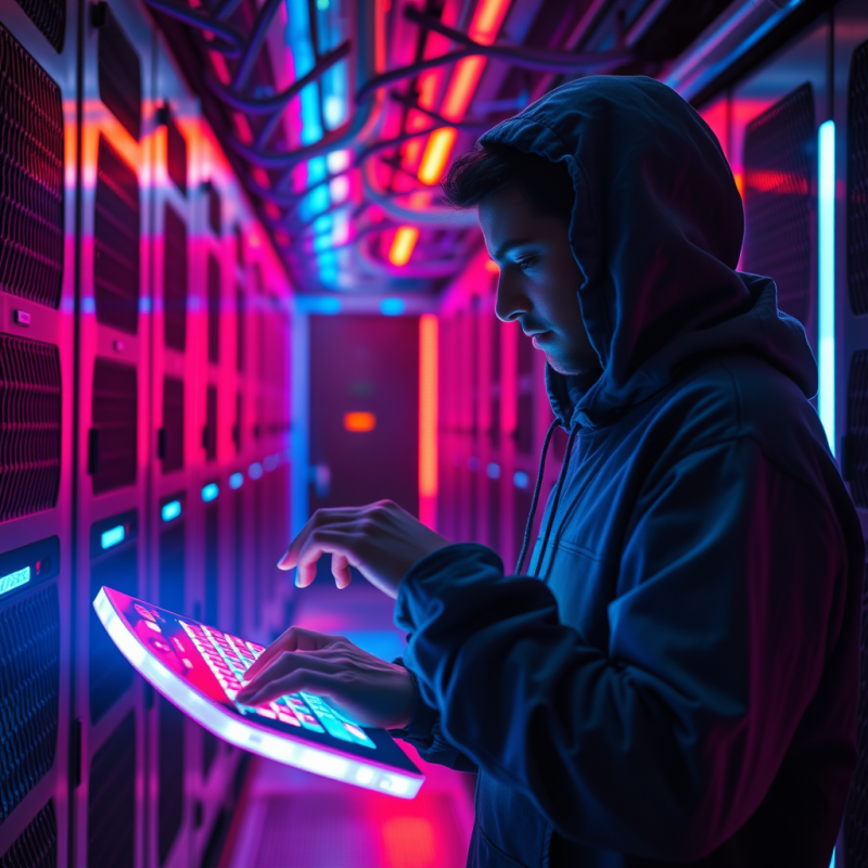 Cybersecurity Expert in Neon-lit Data Center