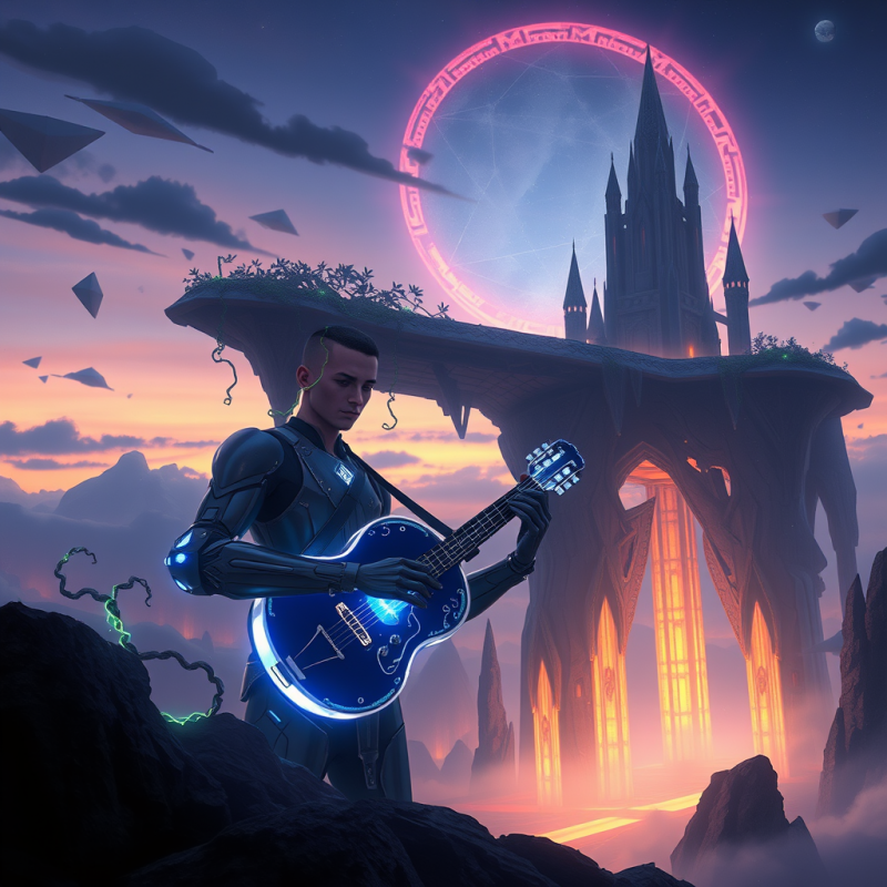 Cybernetic Musician in Fantasy Realm