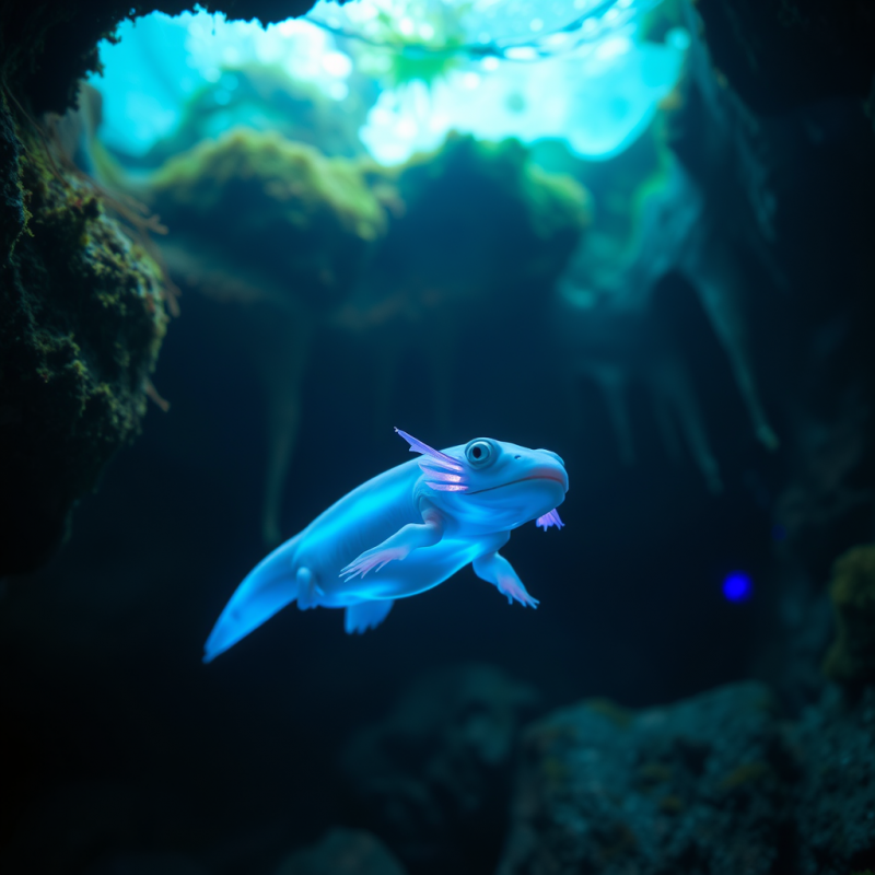 Glowing Axolotl in Aquatic Cave