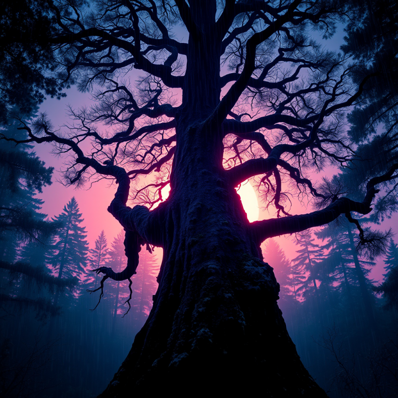 Ancient Tree Silhouette Against Purple Sunset