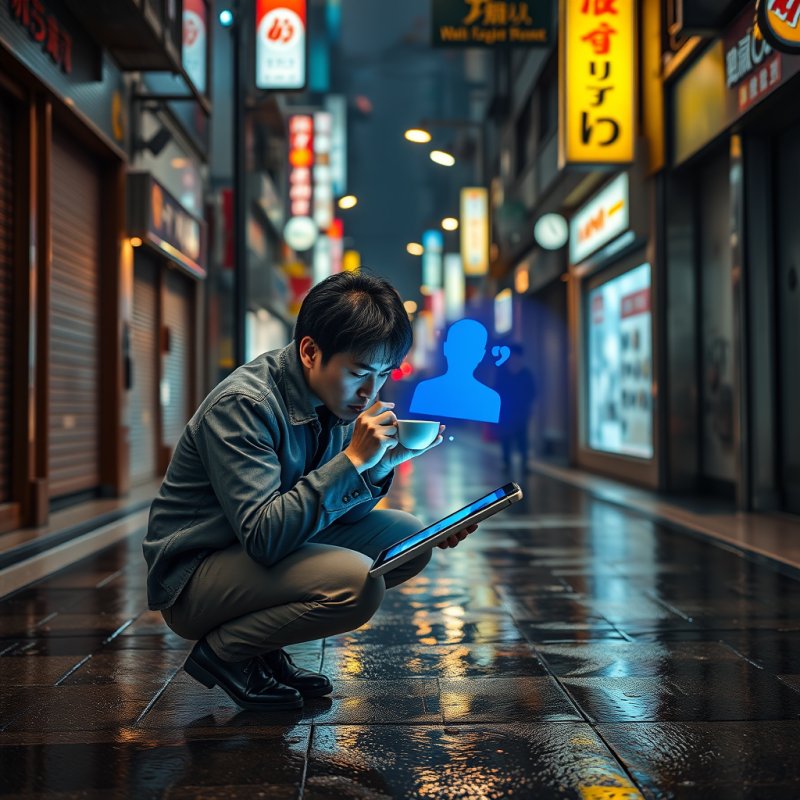 Man Sipping Tea in Neon Alley