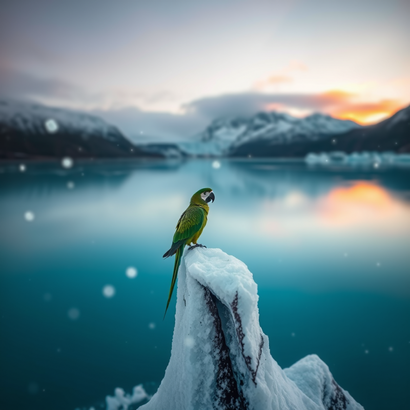 Green Parrot Perched on Snowy Iceberg