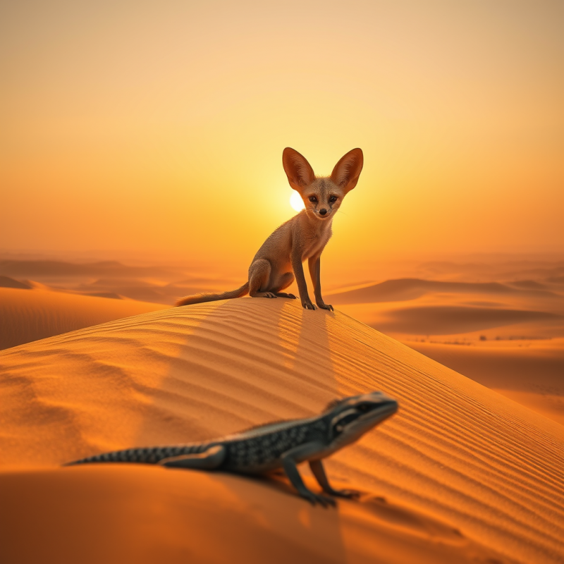 Fennec Fox on Desert Dune at Sunset