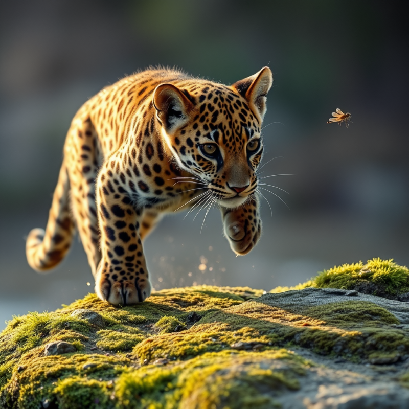 Jaguar Leaping Over Mossy Rock