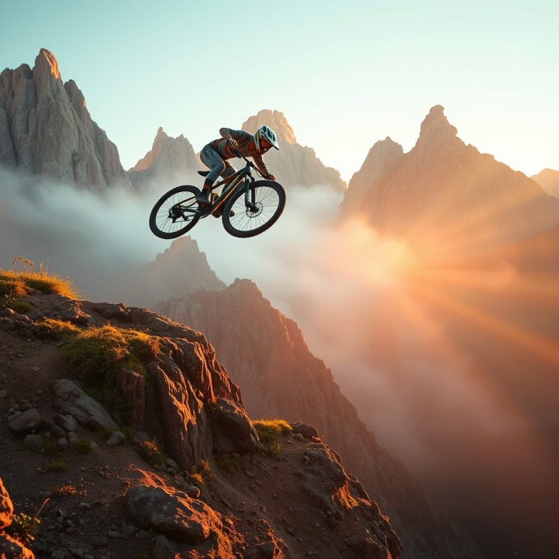 Mountain Biker Soaring Over Cliffs