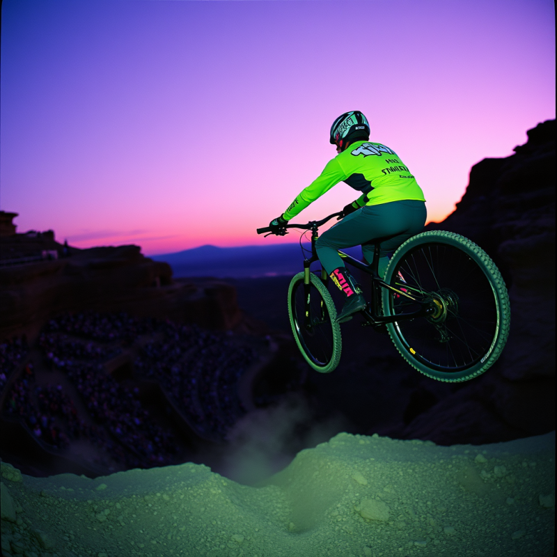 A Lone Mountain Biker Suspended Mid-air Over A Rocky Descent