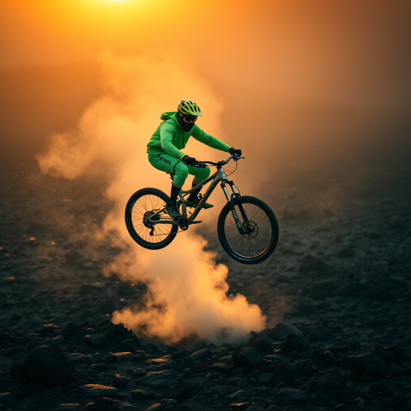 Mountain Biker Leaping Over Volcanic Ash