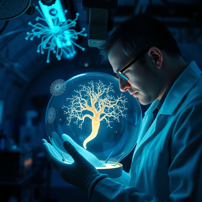 Scientist Holding Glowing Tree Model