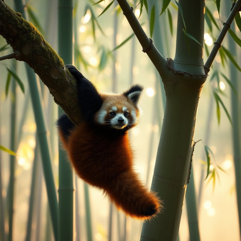 Red Panda Hanging from Bamboo Branch