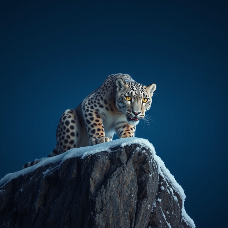 Leopard on Snow-capped Rock