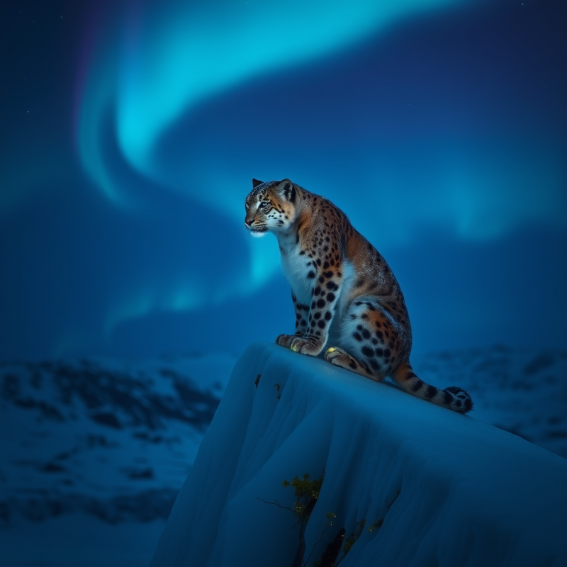 Snow Leopard Under Aurora Borealis