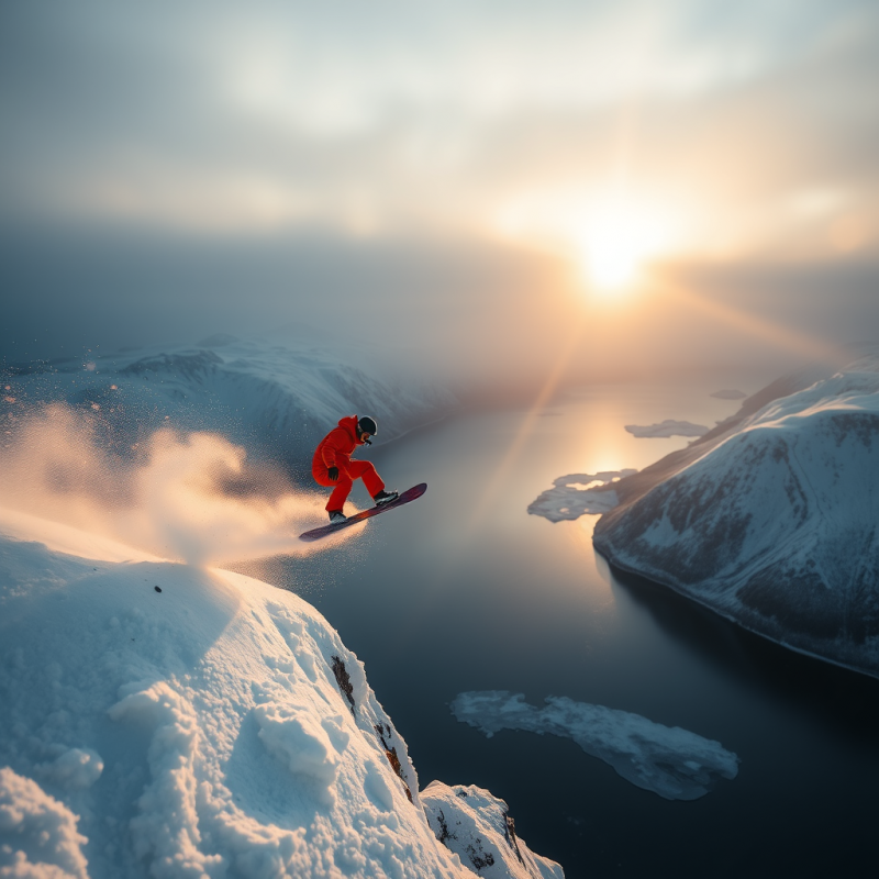 Snowboarder in Red Suit on Snowy Cliff