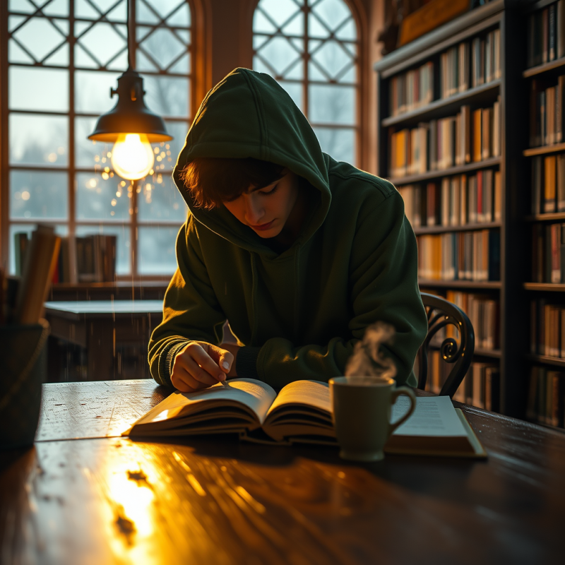 Student Studying in Library with Coffee