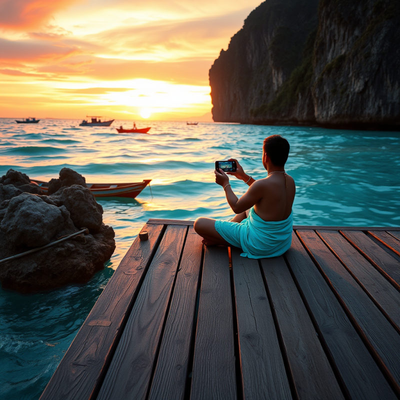 Person Capturing Sunset on Wooden Dock