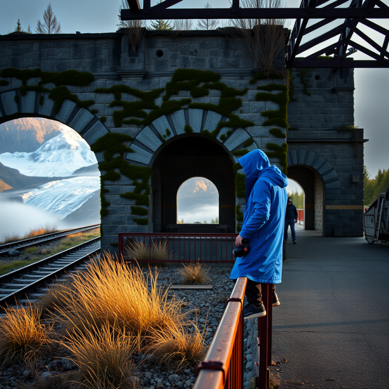 Blue-hooded Traveler at Stone Arch Bridge