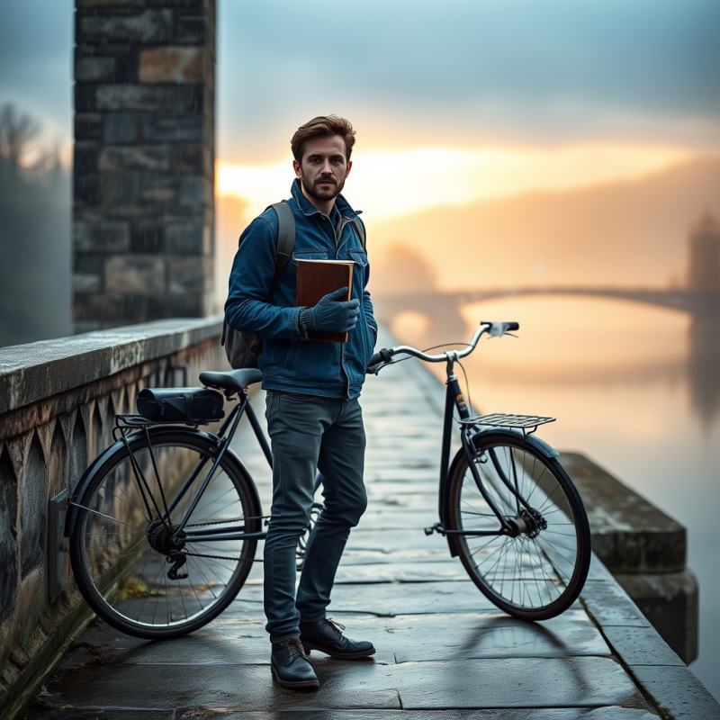 Young Man with Bicycle on Bridge
