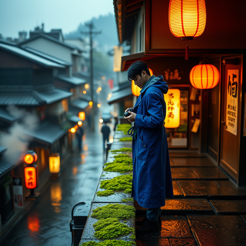 Man in Blue Coat Under Lanterns