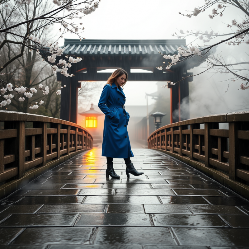 Woman in Blue Coat on Misty Bridge