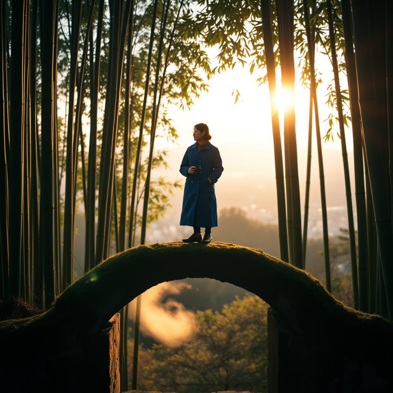 Woman in Blue Coat Standing on Bamboo Arch