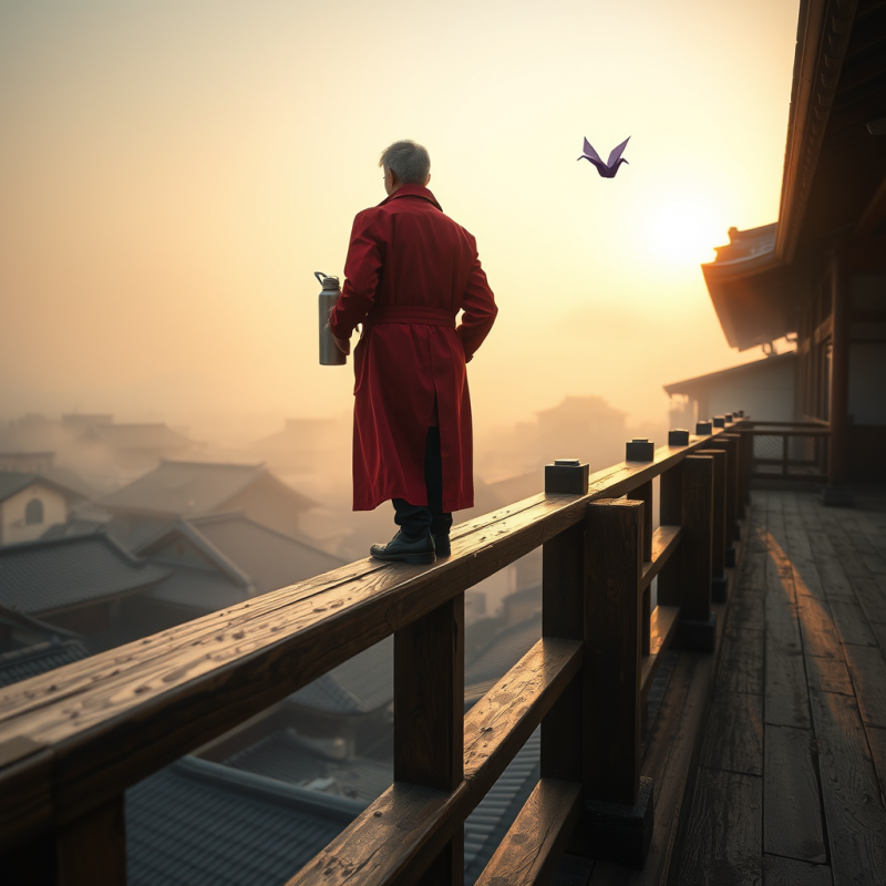 Man in Red Coat on Wooden Balcony