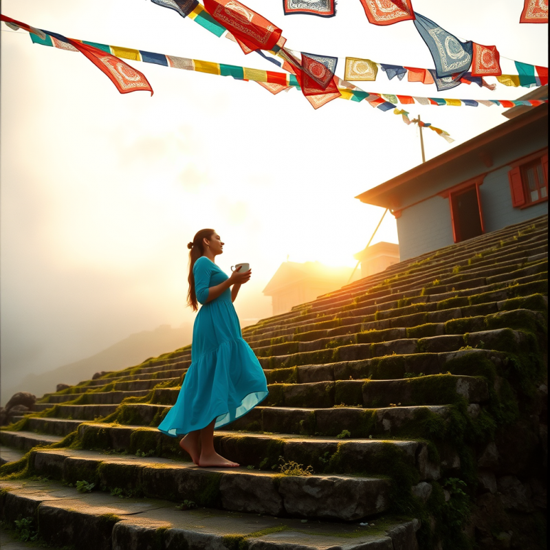 Woman on Stairs in Traditional Dress