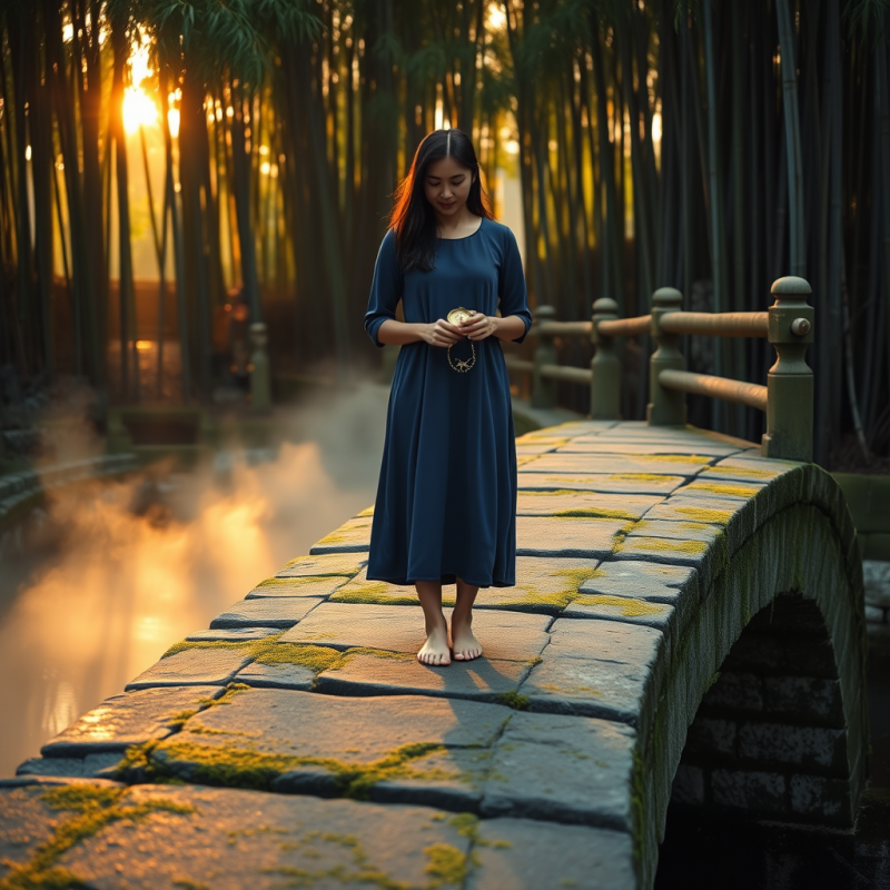 Woman in Blue Dress on Bamboo Bridge