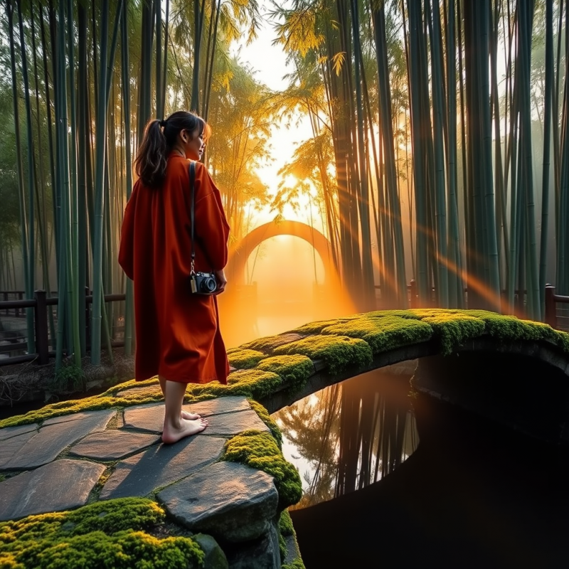 Woman in Red Dress by Bamboo Bridge