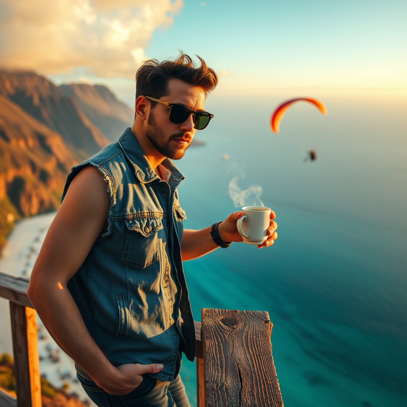 Man Drinking Coffee by Ocean View
