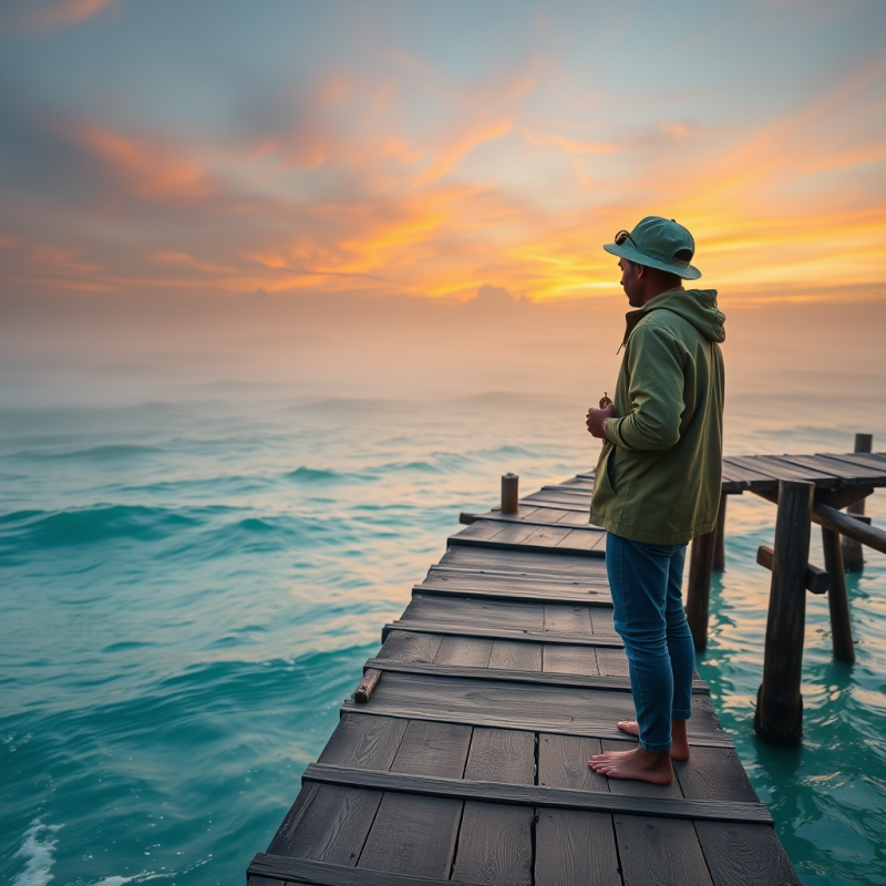 Man Standing on Wooden Dock at Sunset