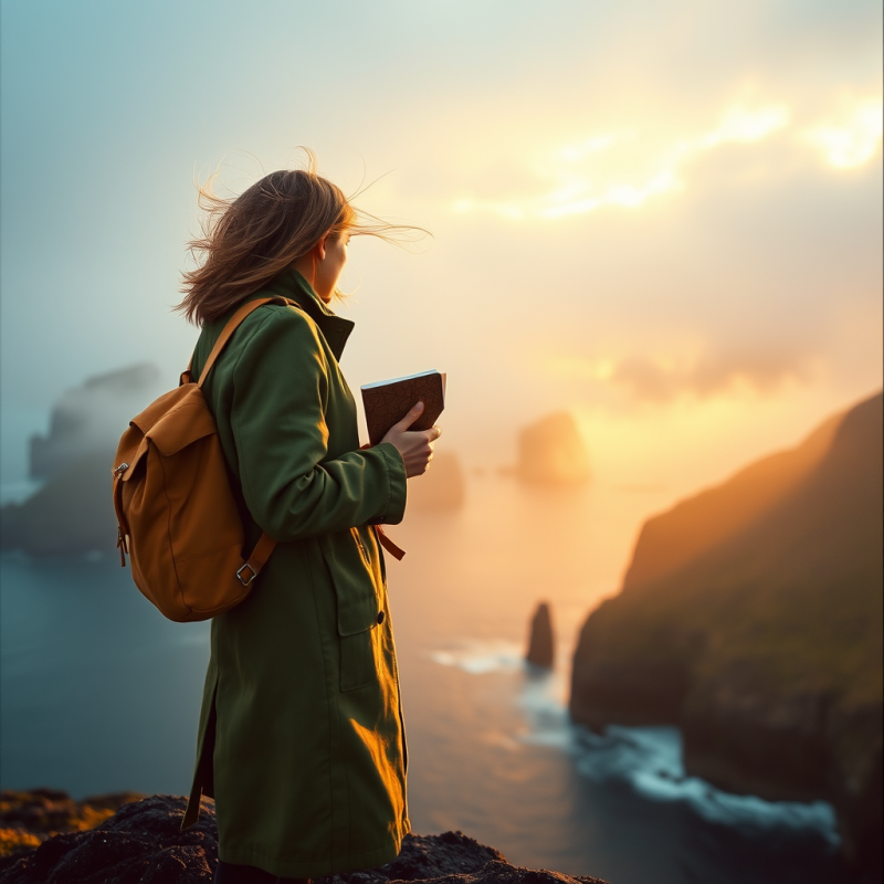 Woman with Journal on Coastal Cliff