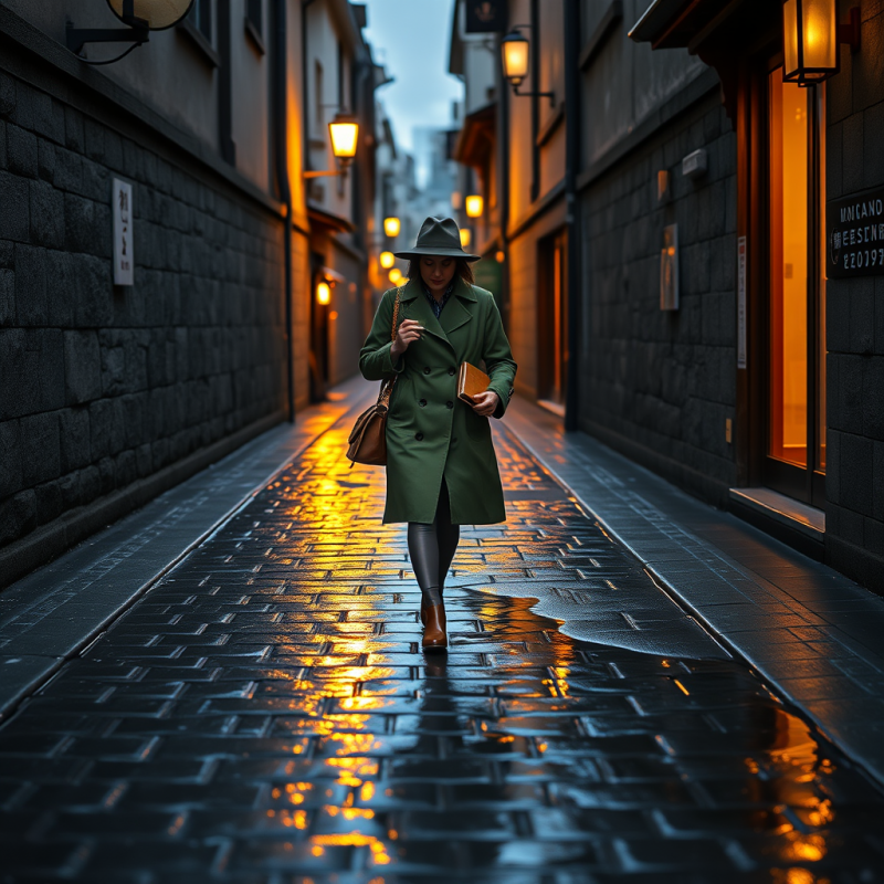 Woman in Green Coat Walking Rainy Alley
