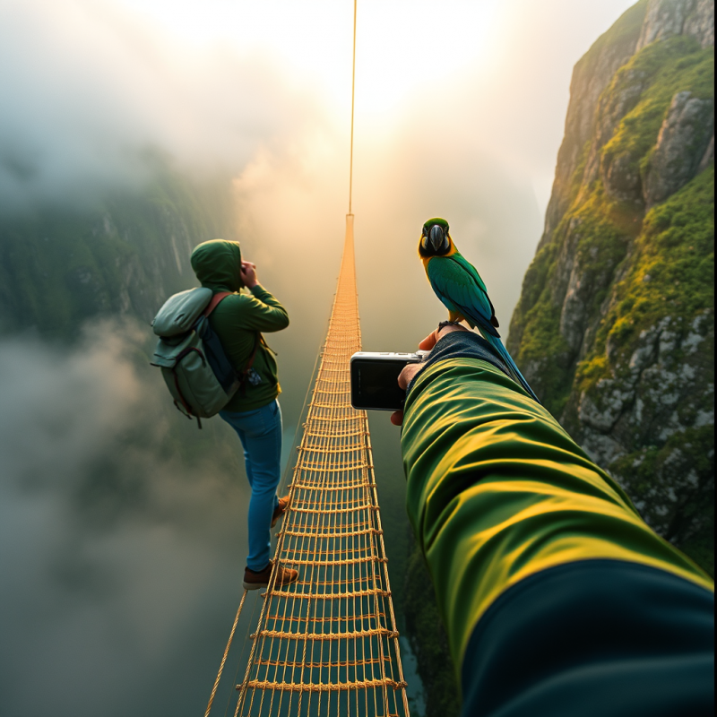 Hiker with Parrot on Suspension Bridge