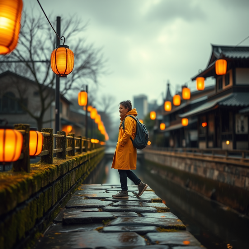 Woman in Yellow Coat Walking Bridge