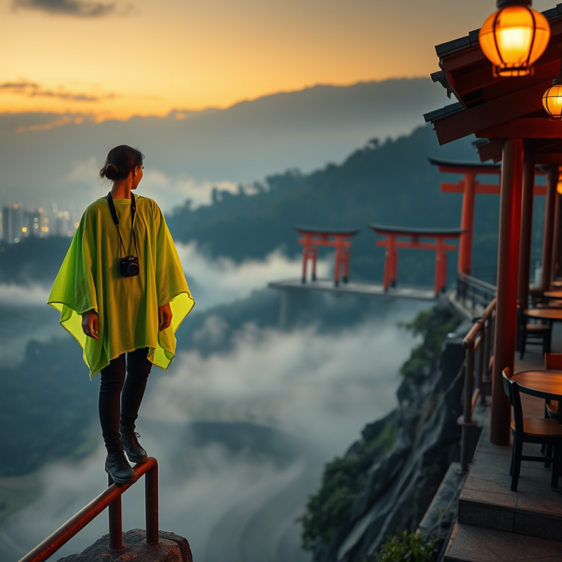 Woman in Green Poncho at Torii Gates