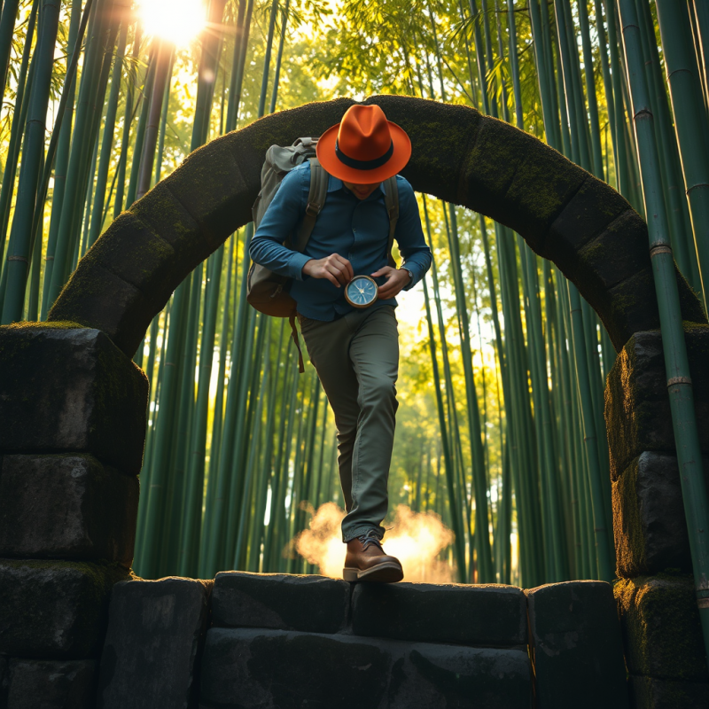 Explorer with Compass in Bamboo Forest