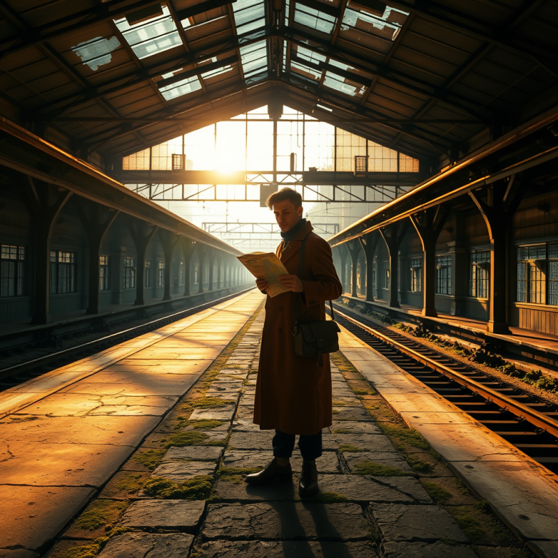 Man in Brown Coat Reading Map at Train Station