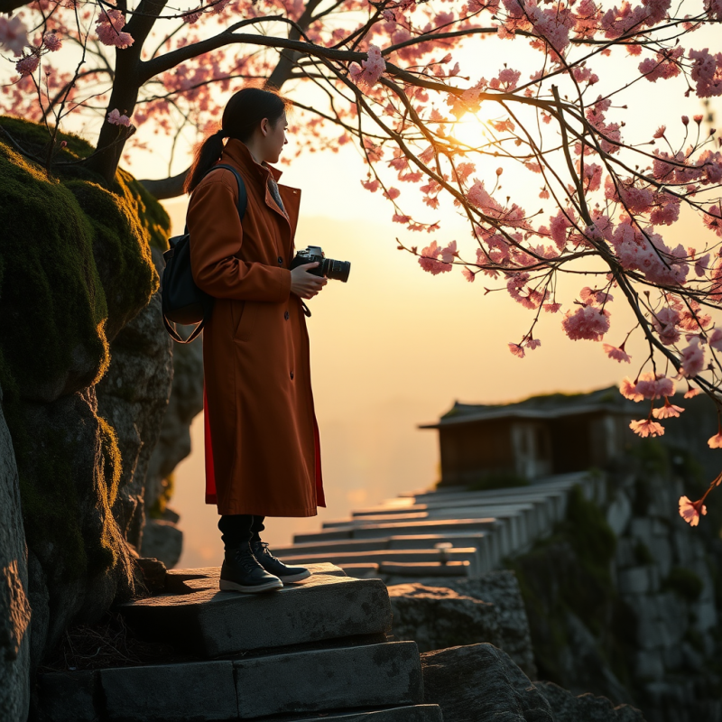Woman Photographer Under Cherry Blossoms
