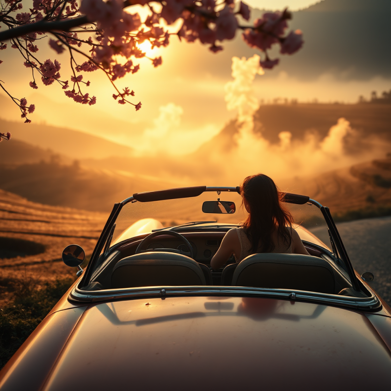 Woman Driving Vintage Convertible at Sunset