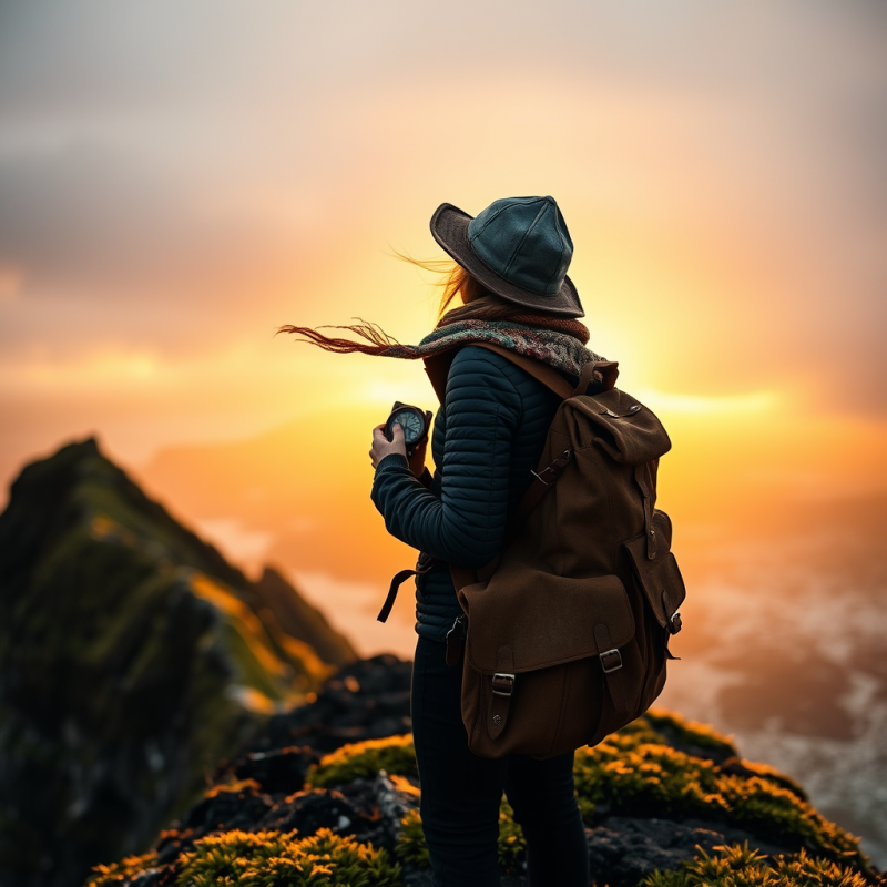 Hiker with Compass on Mountain Peak
