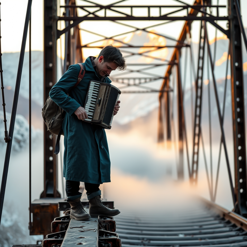 Man Playing Accordion on Steel Bridge